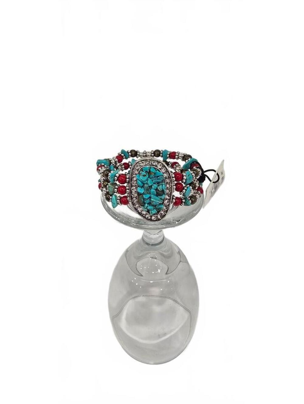 Sterling & Stitch Turquoise and Red Beaded Stretch Bracelet